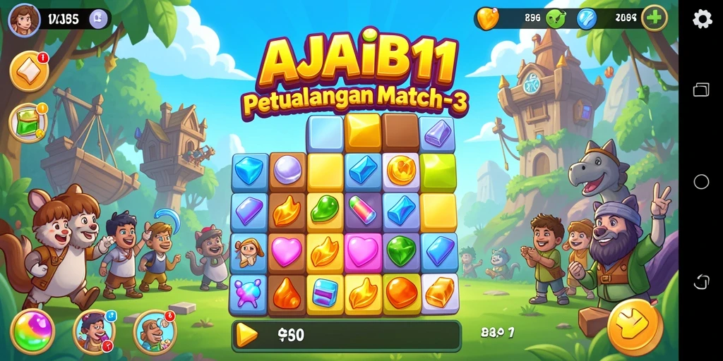 Tangkapan layar AJAIB11 menampilkan suasana gameplay Match-3 yang penuh warna.