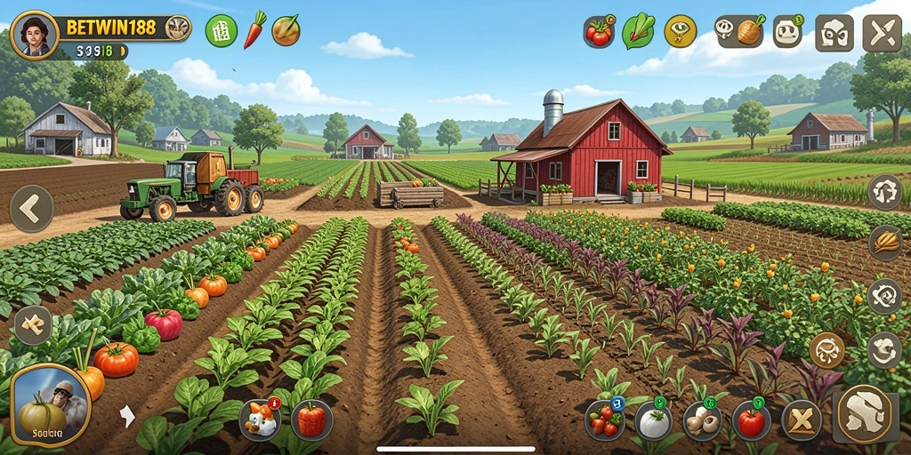 Tampilan gameplay <strong>BETWIN188</strong> yang menonjolkan aktivitas pertanian.